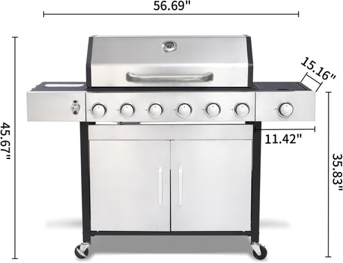 6-Burner Propane Gas BBQ Grill with Side Burner, 57,300 BTU Output, Enameled Cast Iron Grates, Heavy-Duty Stainless Steel Outdoor Grill for Backyard Barbecue