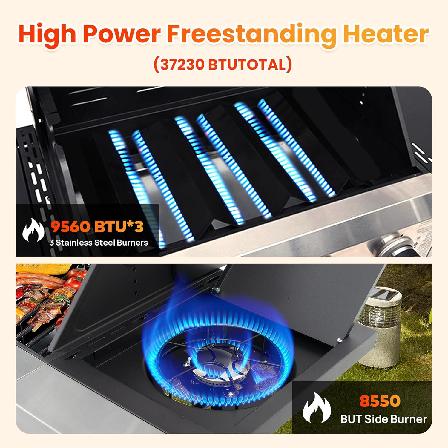 3 Burner Propane Gas BBQ Grill with Side Burner, Porcelain-Enameled Cast Iron Grates, Smoke Control Handle, 37,230 BTU Stainless Steel Grill for Outdoor Camping Barbecue Grilling Backyard Cooking