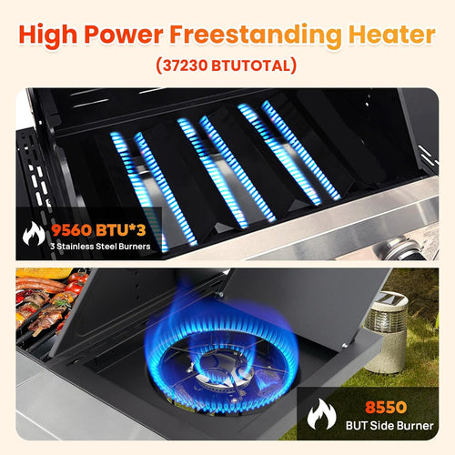 3 Burner Propane Gas BBQ Grill with Side Burner, Porcelain-Enameled Cast Iron Grates, Smoke Control Handle, 37,230 BTU Stainless Steel Grill for Outdoor Camping Barbecue Grilling Backyard Cooking