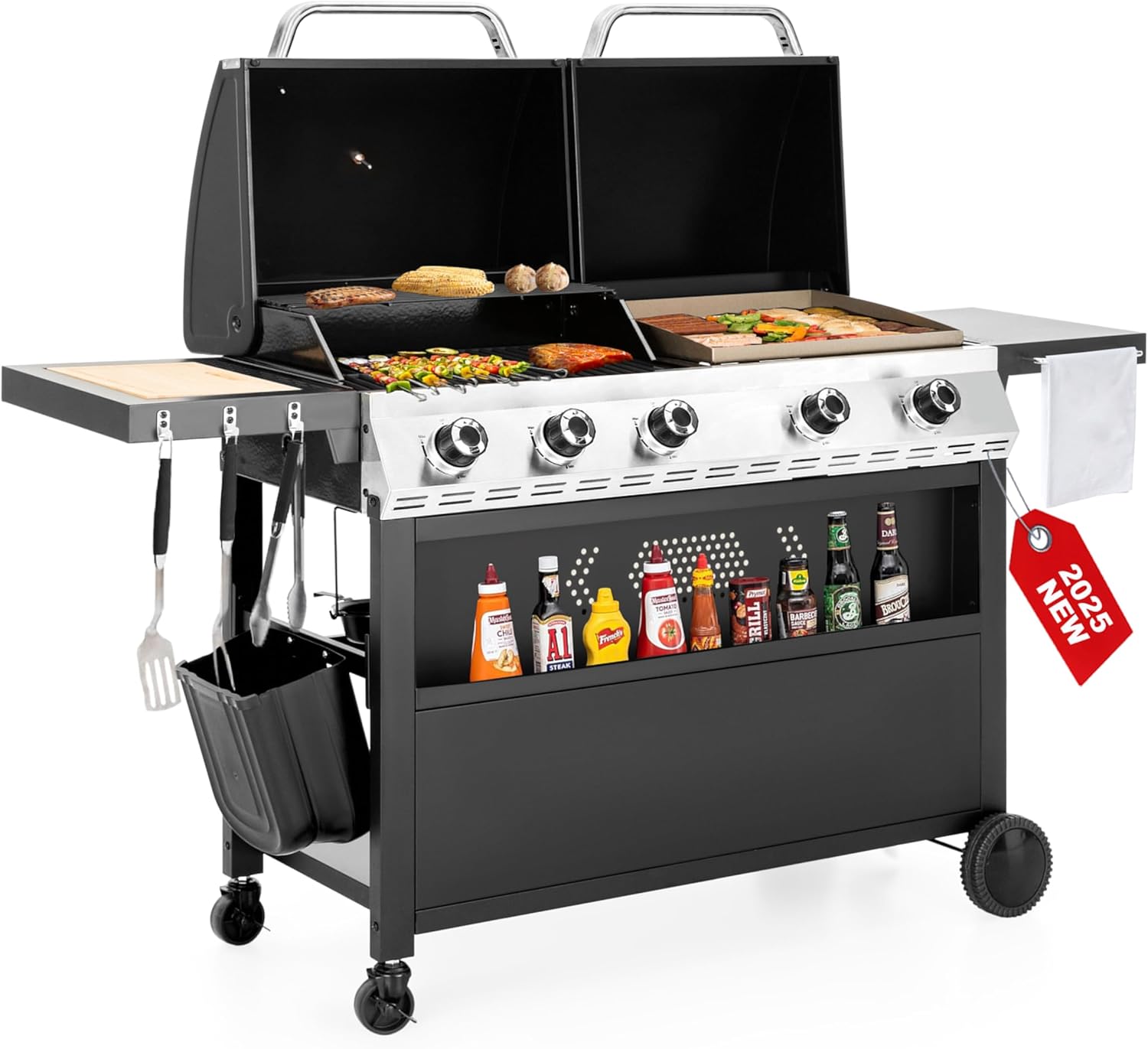 5 Burner Griddle Grill Combo, 2 in 1 Propane Gas BBQ Grill with Porcelain-Enameled Cast Iron Grates & Pan, Outdoor Flat Top Griddle, 695 Sq. In. Propane Barbecue Grill for Patio Backyard Balcony