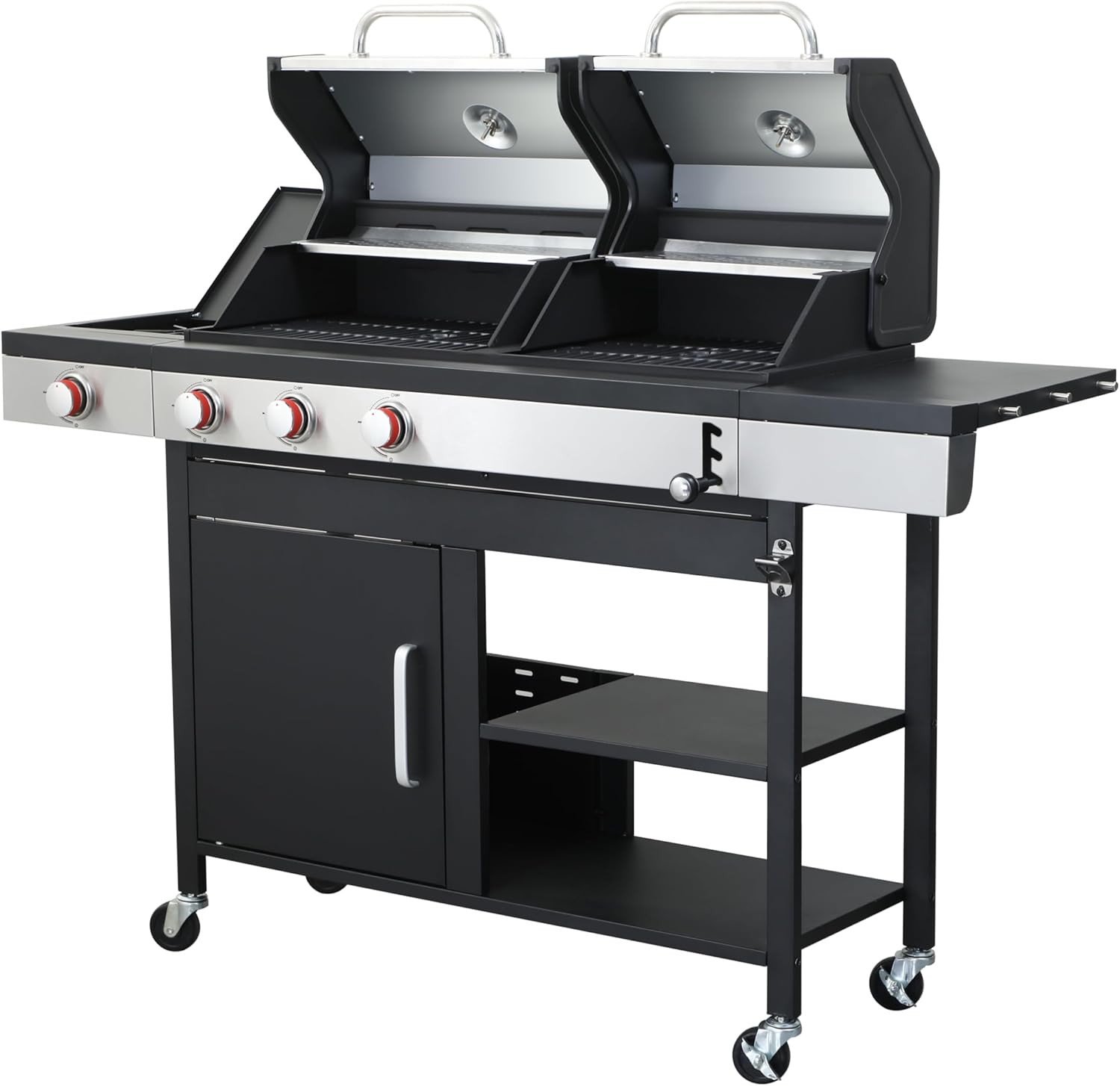 3-Burner Propane Gas BBQ Grill with Side Burner and Charcoal Grill Combo, 37,230 BTU, Enameled Cast Iron Grates, Stainless Steel Outdoor Grill for Patio and Backyard